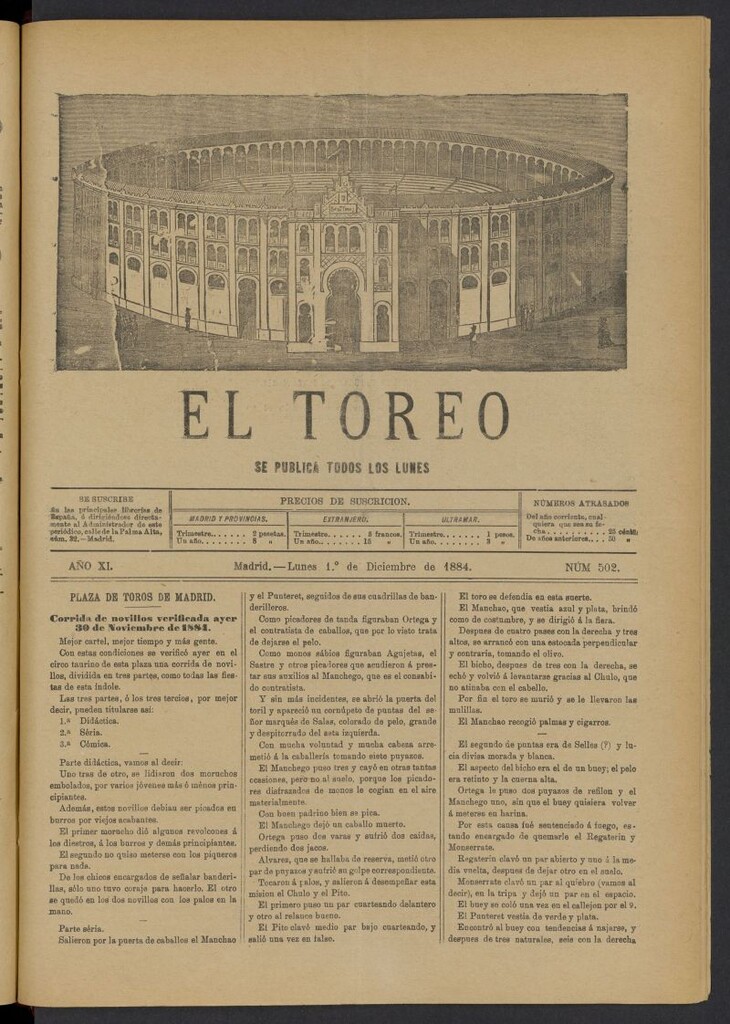 Miniatura de El Toreo: suplemento a "La Correspondencia Teatral" del 1 de diciembre de 1884, nº 502