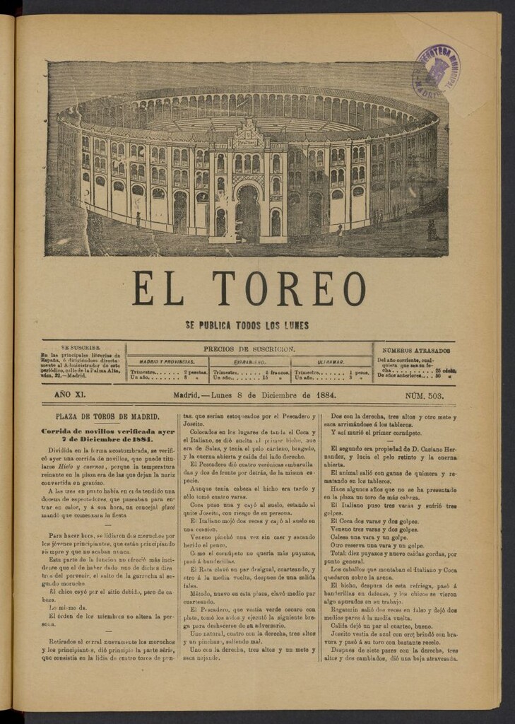 Miniatura de El Toreo: suplemento a "La Correspondencia Teatral" del 8 de diciembre de 1884, nº 503