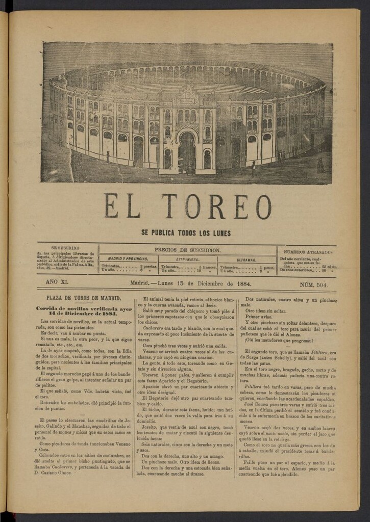 Miniatura de El Toreo: suplemento a "La Correspondencia Teatral" del 15 de diciembre de 1884, nº 504