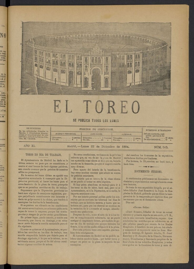 Miniatura de El Toreo: suplemento a "La Correspondencia Teatral" del 22 de diciembre de 1884, nº 505
