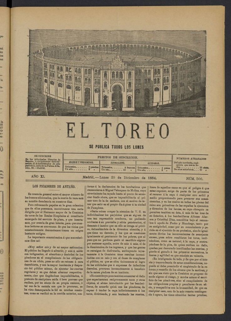 Miniatura de El Toreo: suplemento a "La Correspondencia Teatral" del 29 de diciembre de 1884, nº 506
