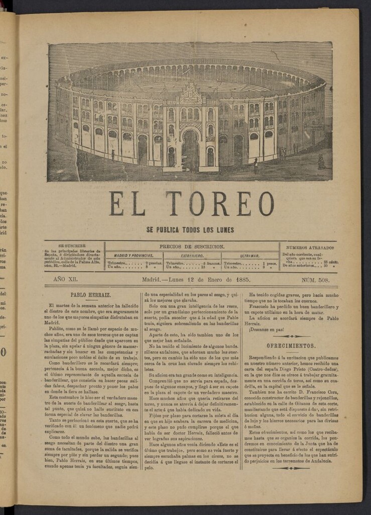 Miniatura de El Toreo: suplemento a "La Correspondencia Teatral" del 12 de enero de 1885, nº 508