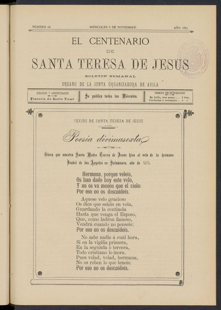 Miniatura de El Centenario de Santa Teresa de Jesús del 8 de noviembre de 1882