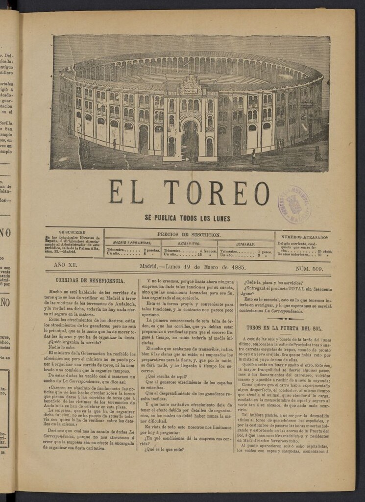 Miniatura de El Toreo: suplemento a "La Correspondencia Teatral" del 19 de enero de 1885, nº 509