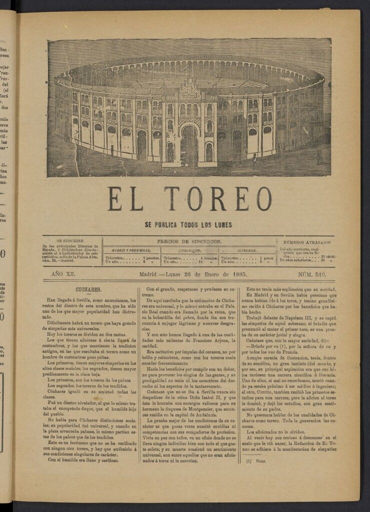 Miniatura de El Toreo: suplemento a "La Correspondencia Teatral" del 26 de enero de 1885, nº 510