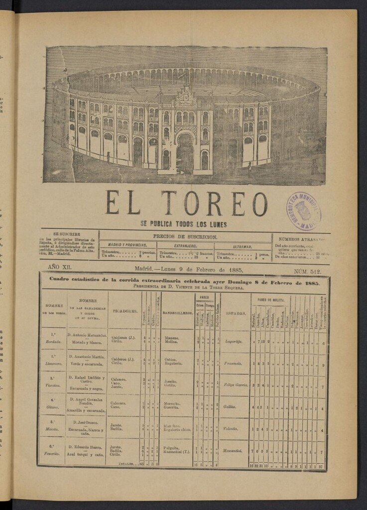 Miniatura de El Toreo: suplemento a "La Correspondencia Teatral" del 9 de febrero de 1885, nº 512