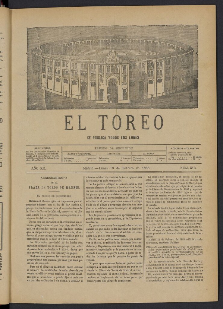 Miniatura de El Toreo: suplemento a "La Correspondencia Teatral" del 16 de febrero de 1885, nº 513