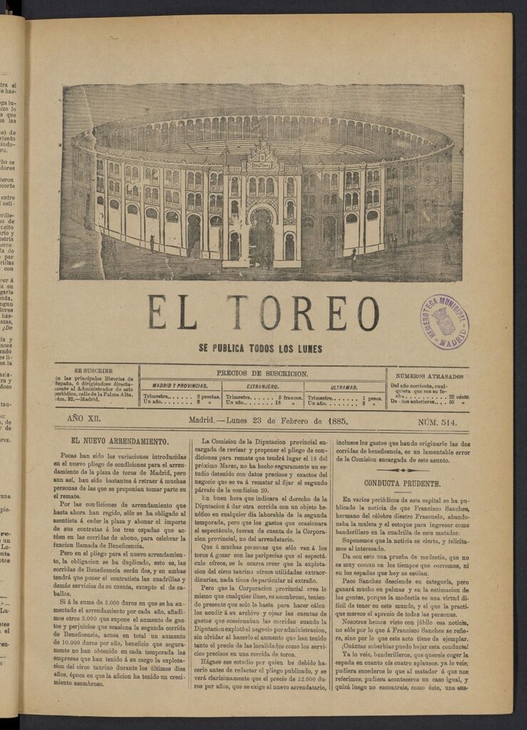 Miniatura de El Toreo: suplemento a "La Correspondencia Teatral" del 23 de febrero de 1885, nº 514