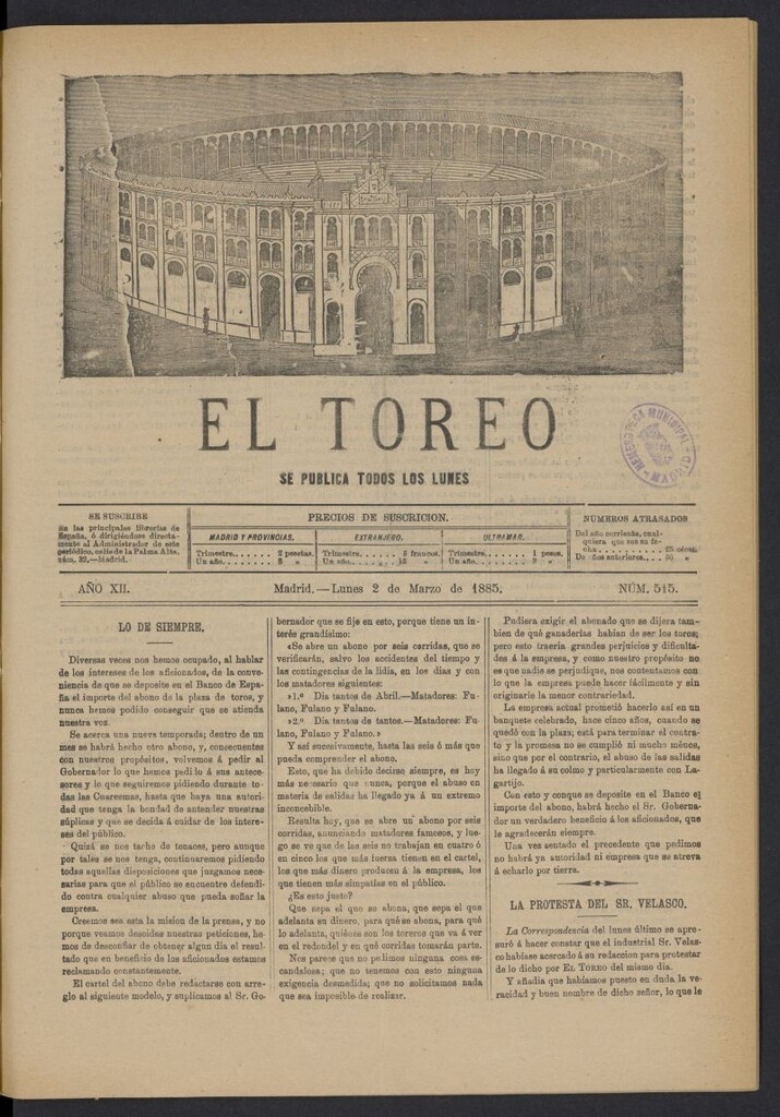 Miniatura de El Toreo: suplemento a "La Correspondencia Teatral" del 2 de marzo de 1885, nº 515