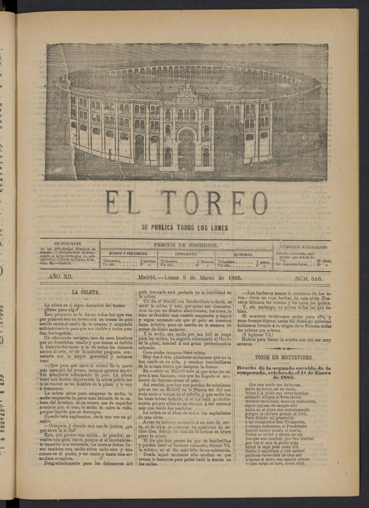 Miniatura de El Toreo: suplemento a "La Correspondencia Teatral" del 9 de marzo de 1885, nº 516