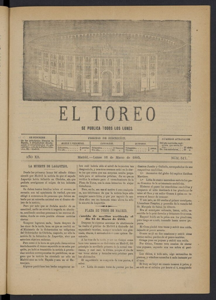 Miniatura de El Toreo: suplemento a "La Correspondencia Teatral" del 16 de marzo de 1885, nº 517