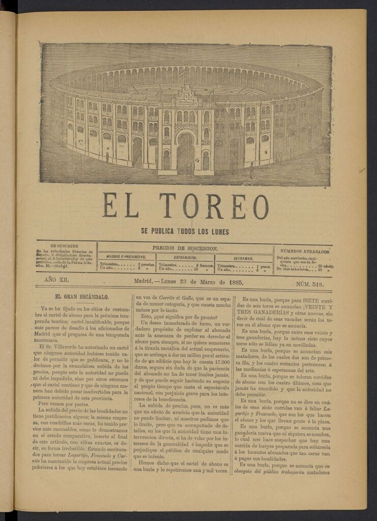 Miniatura de El Toreo: suplemento a "La Correspondencia Teatral" del 23 de marzo de 1885, nº 518