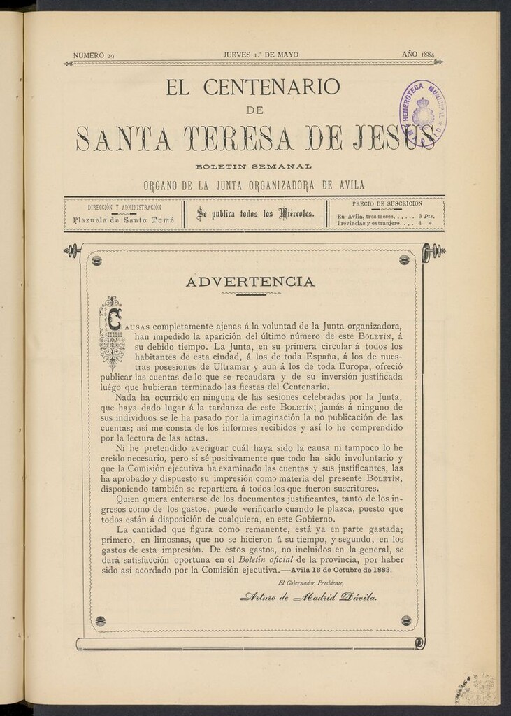 Miniatura de El Centenario de Santa Teresa de Jesús del 1 de mayo de 1884