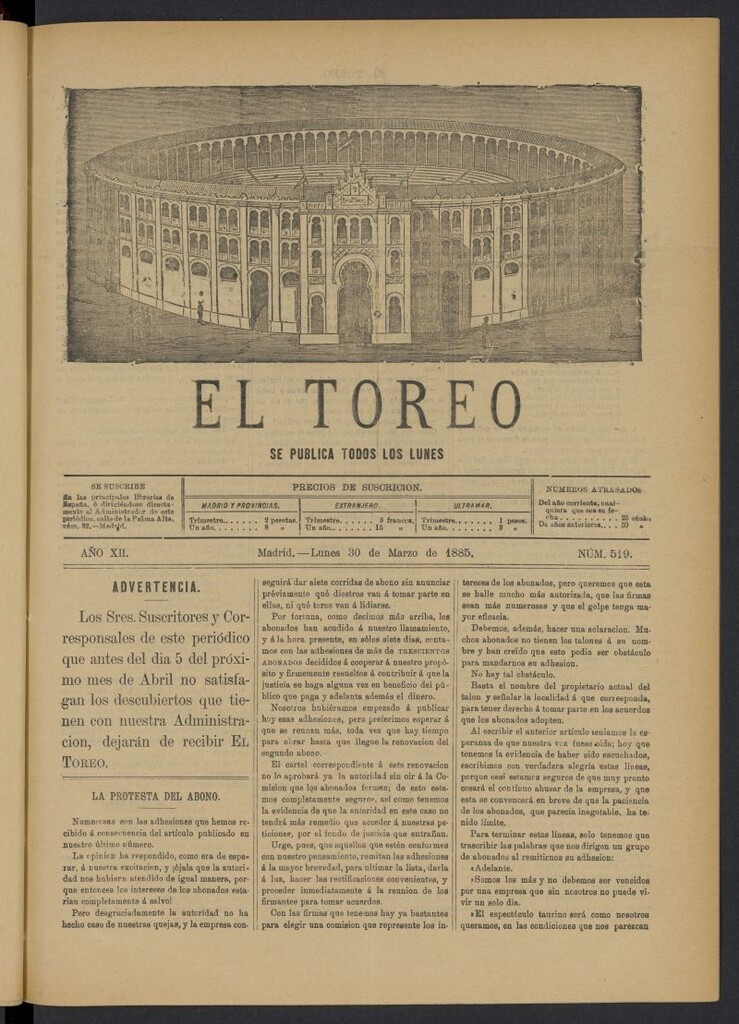 Miniatura de El Toreo: suplemento a "La Correspondencia Teatral" del 30 de marzo de 1885, nº 519