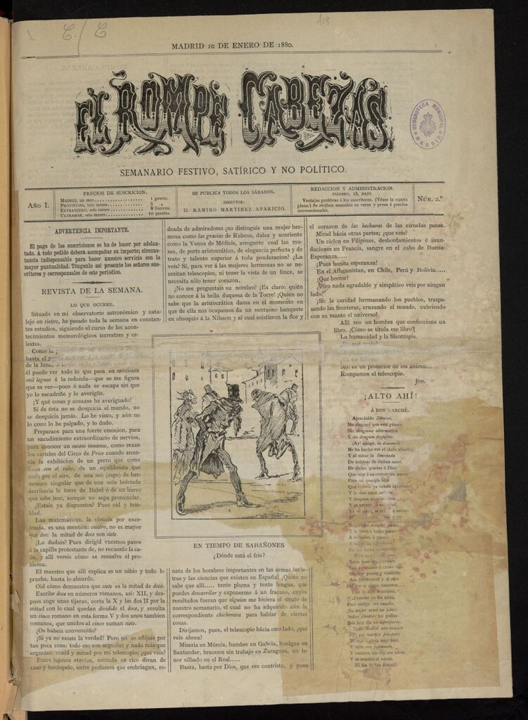 Miniatura de El Rompe Cabezas: semanario festivo, satírico y no político del 10 de enero de 1880