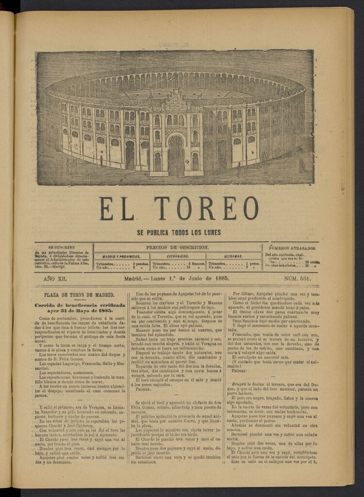 Miniatura de El Toreo: suplemento a "La Correspondencia Teatral" del 1 de junio de 1885, nº 531