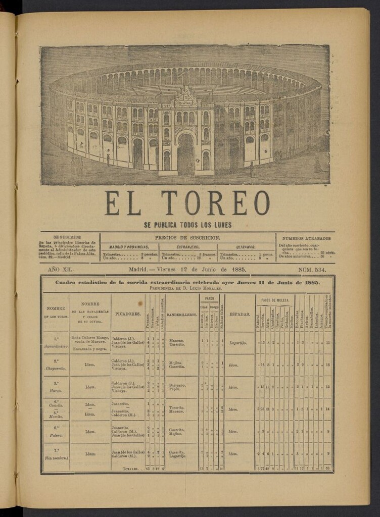 Miniatura de El Toreo: suplemento a "La Correspondencia Teatral" del 12 de junio de 1885, nº 534