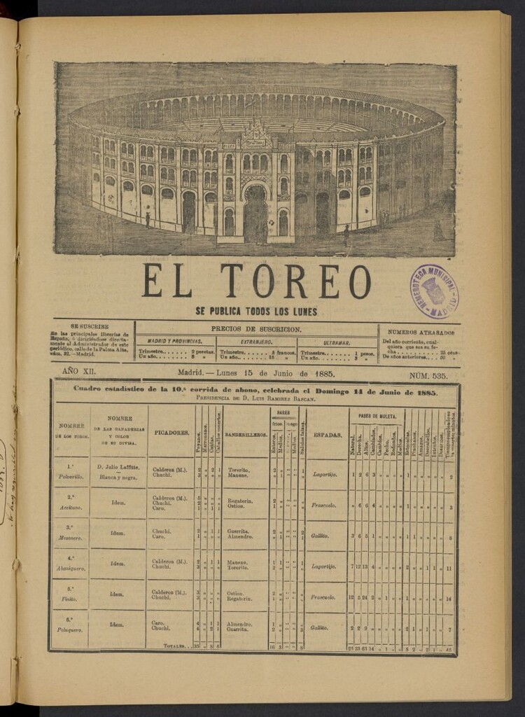 Miniatura de El Toreo: suplemento a "La Correspondencia Teatral" del 15 de junio de 1885, nº 535