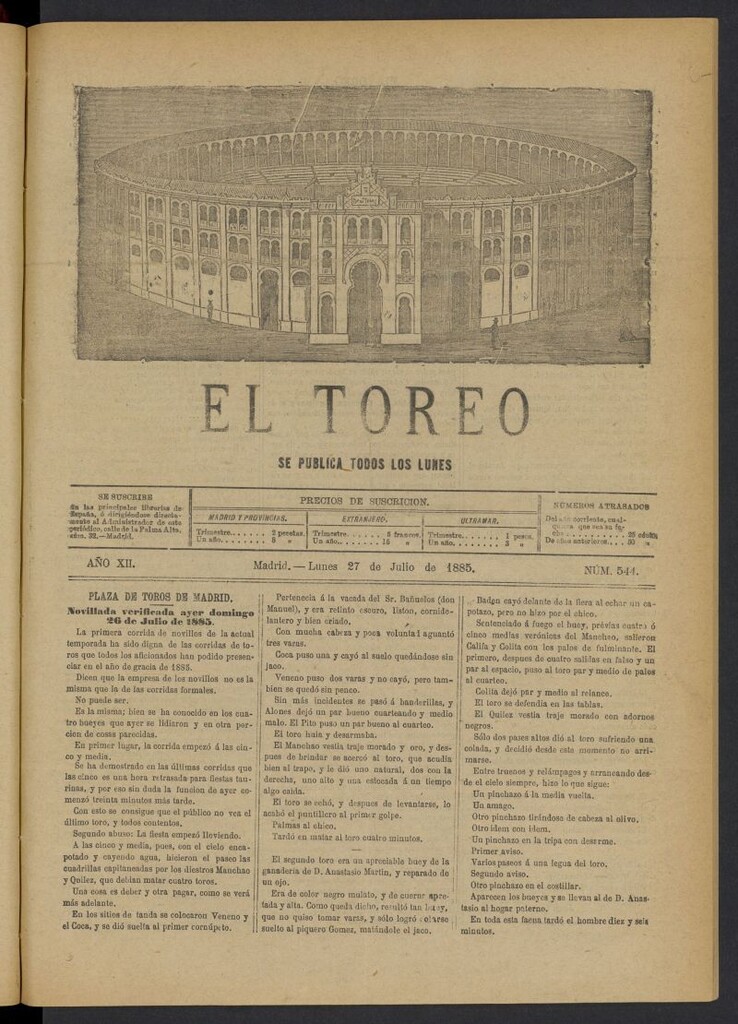 Miniatura de El Toreo: suplemento a "La Correspondencia Teatral" del 27 de julio de 1885, nº 544