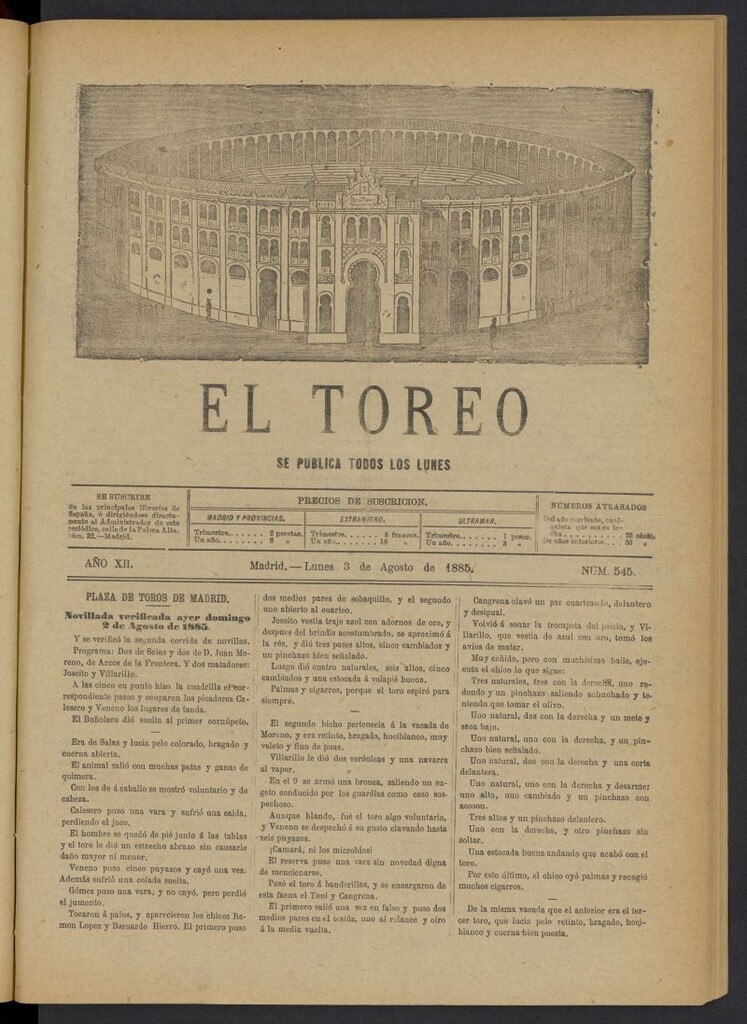 Miniatura de El Toreo: suplemento a "La Correspondencia Teatral" del 3 de agosto de 1885, nº 545