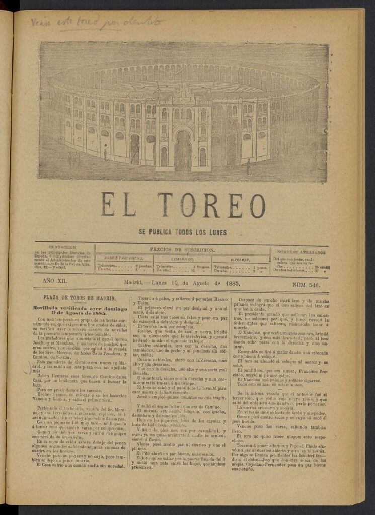 Miniatura de El Toreo: suplemento a "La Correspondencia Teatral" del 10 de agosto de 1885, nº 546