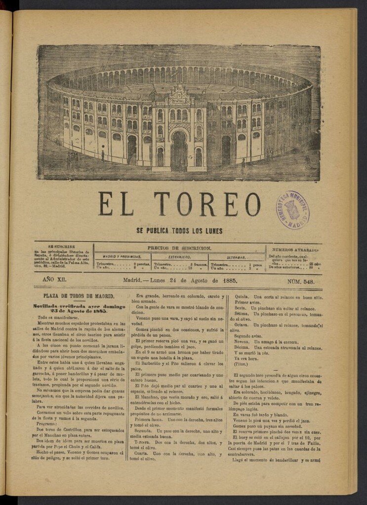 Miniatura de El Toreo: suplemento a "La Correspondencia Teatral" del 24 de agosto de 1885, nº 548