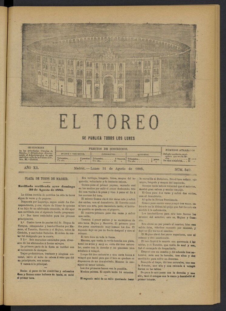 Miniatura de El Toreo: suplemento a "La Correspondencia Teatral" del 31 de agosto de 1885, nº 549