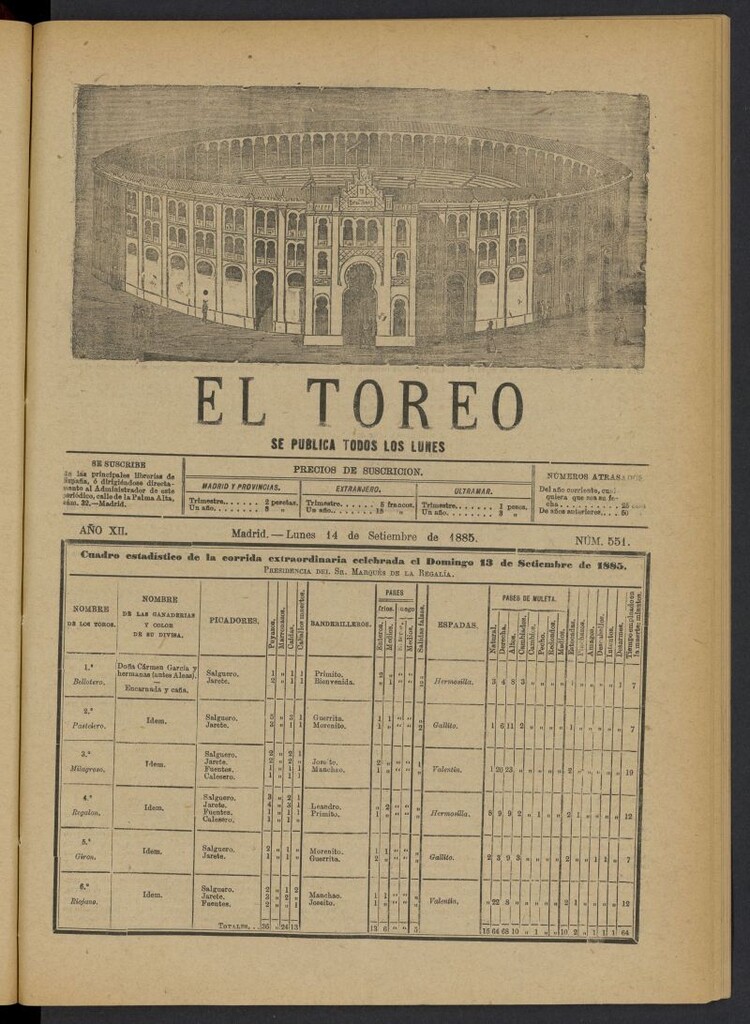 Miniatura de El Toreo: suplemento a "La Correspondencia Teatral" del 14 de septiembre de 1885, nº 551