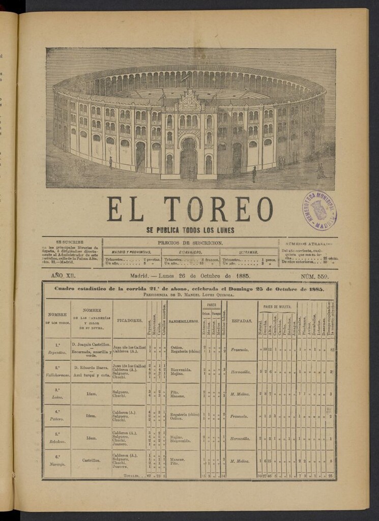 Miniatura de El Toreo: suplemento a "La Correspondencia Teatral" del 26 de octubre de 1885, nº 559