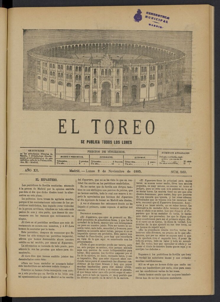 Miniatura de El Toreo: suplemento a "La Correspondencia Teatral" del 2 de noviembre de 1885, nº 560