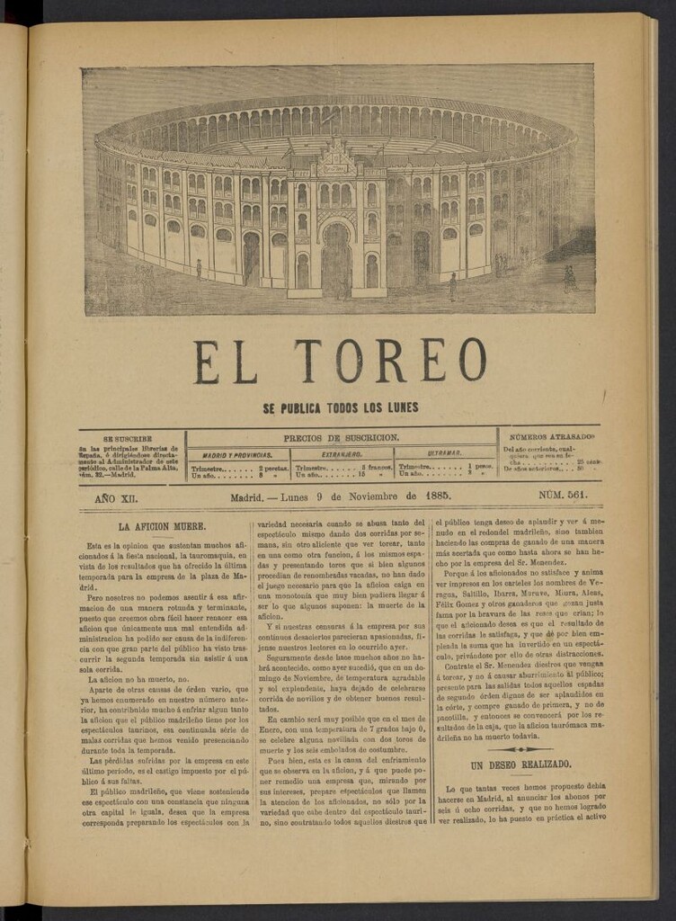 Miniatura de El Toreo: suplemento a "La Correspondencia Teatral" del 9 de noviembre de 1885, nº 561