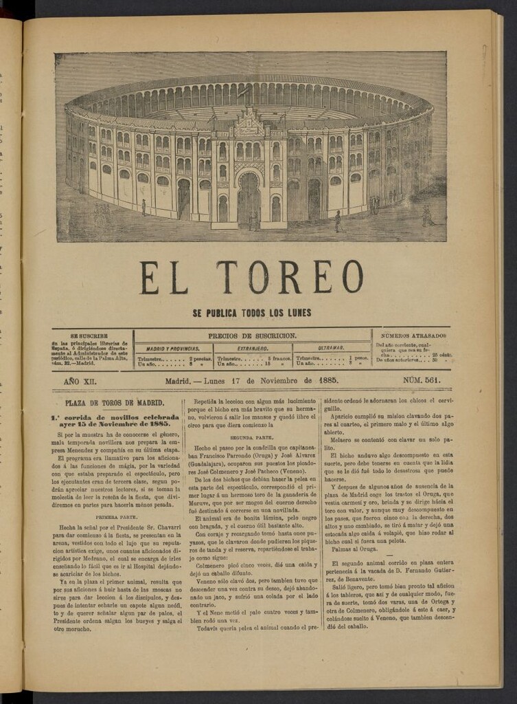 Miniatura de El Toreo: suplemento a "La Correspondencia Teatral" del 17 de noviembre de 1885, nº 561