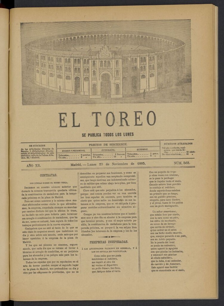 Miniatura de El Toreo: suplemento a "La Correspondencia Teatral" del 23 de noviembre de 1885, nº 562