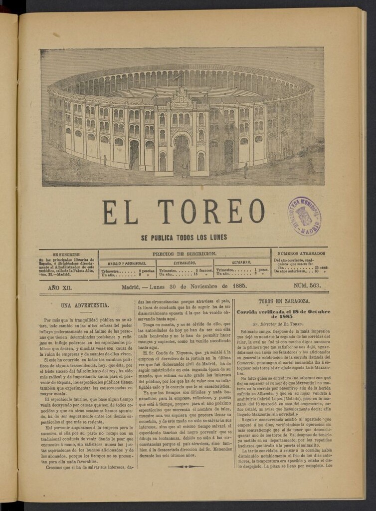 Miniatura de El Toreo: suplemento a "La Correspondencia Teatral" del 30 de noviembre de 1885, nº 563