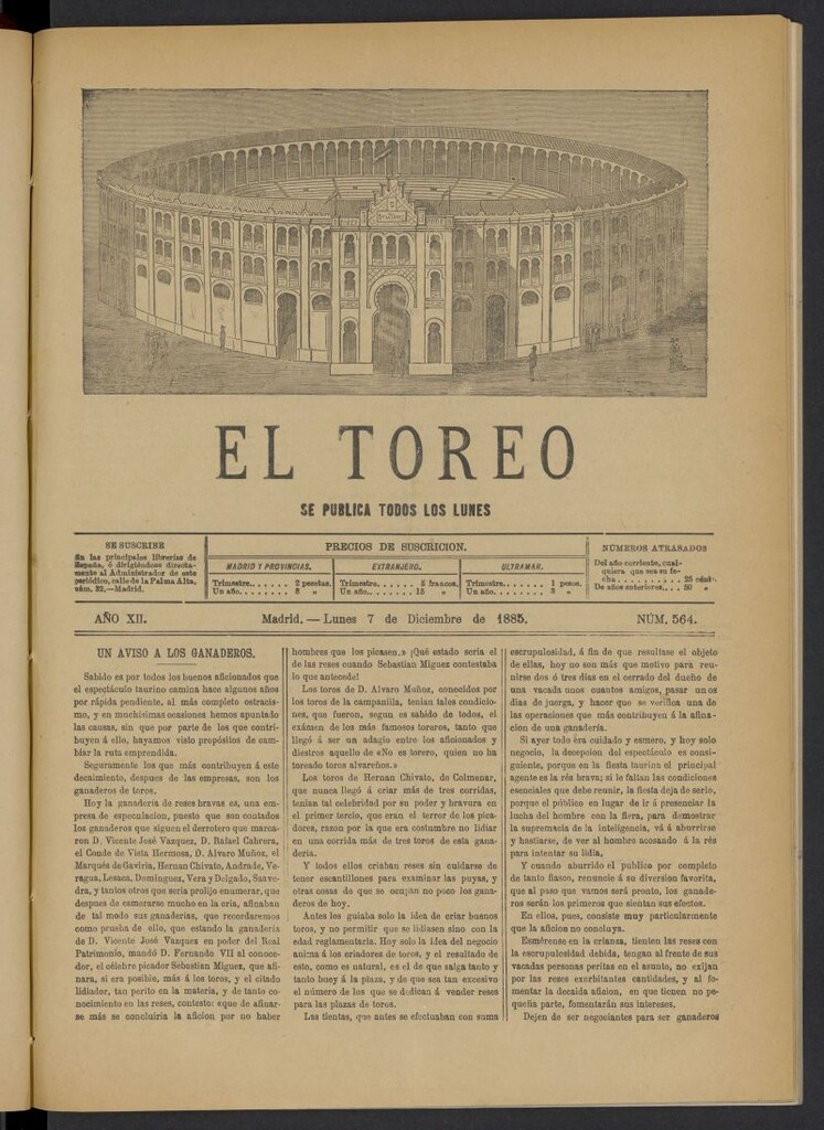 Miniatura de El Toreo: suplemento a "La Correspondencia Teatral" del 7 de diciembre de 1885, nº 564