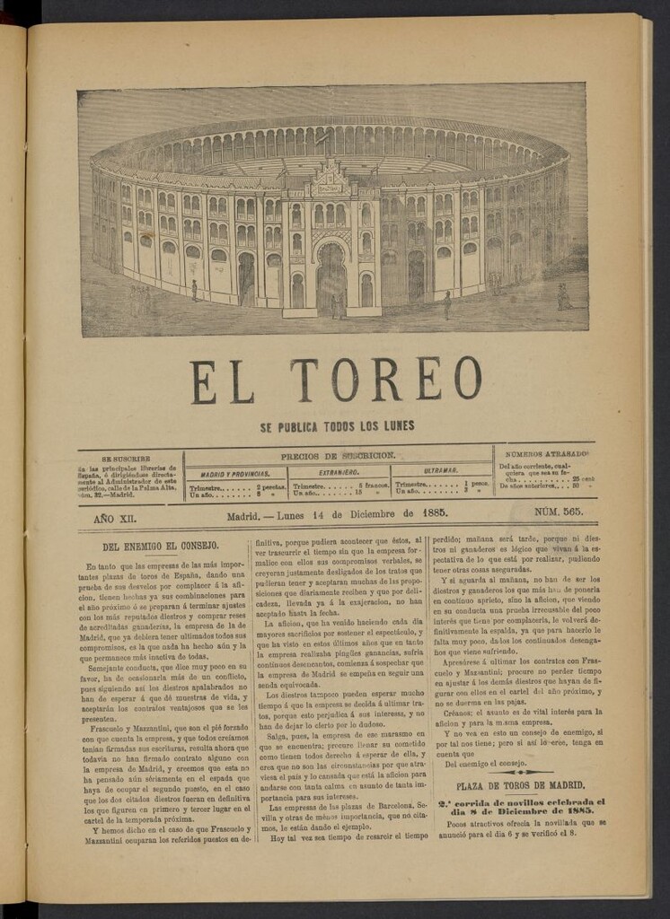 Miniatura de El Toreo: suplemento a "La Correspondencia Teatral" del 14 de diciembre de 1885, nº 565
