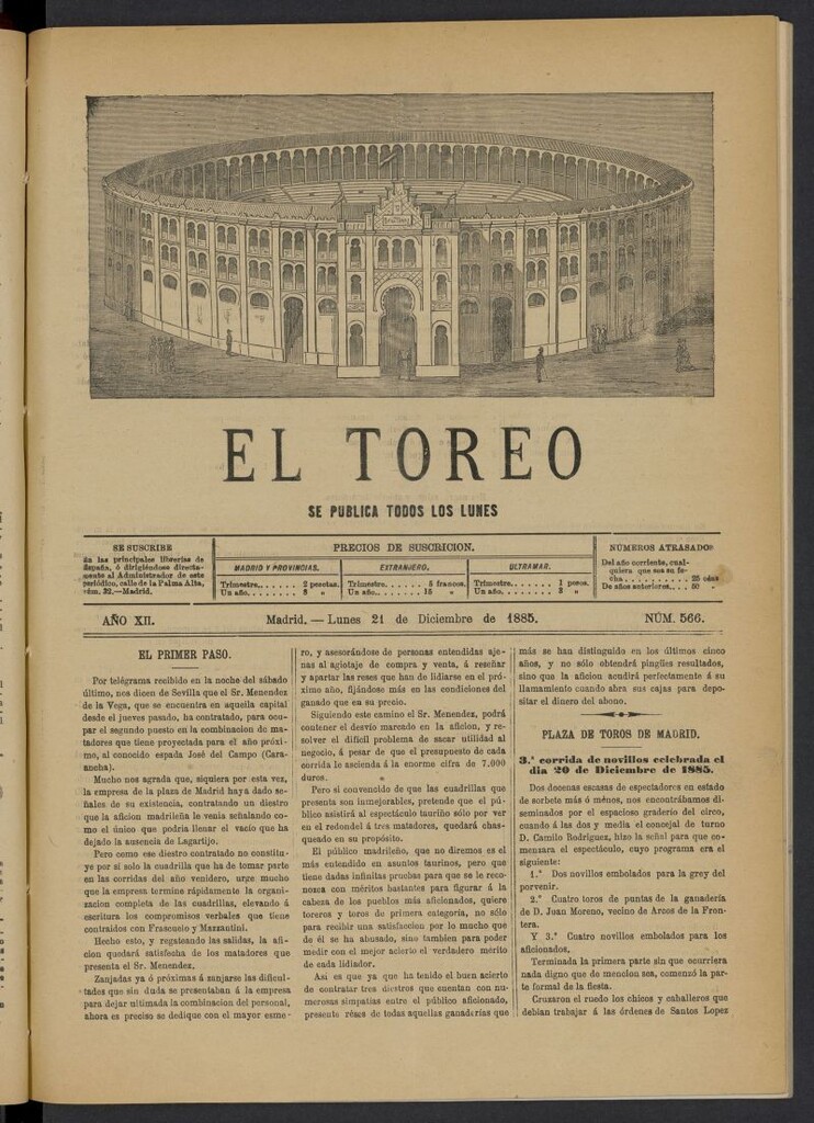 Miniatura de El Toreo: suplemento a "La Correspondencia Teatral" del 21 de diciembre de 1885, nº 566