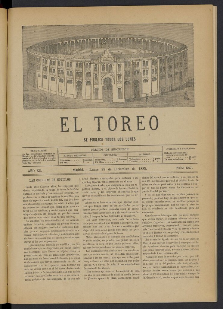 Miniatura de El Toreo: suplemento a "La Correspondencia Teatral" del 28 de diciembre de 1885, nº 567