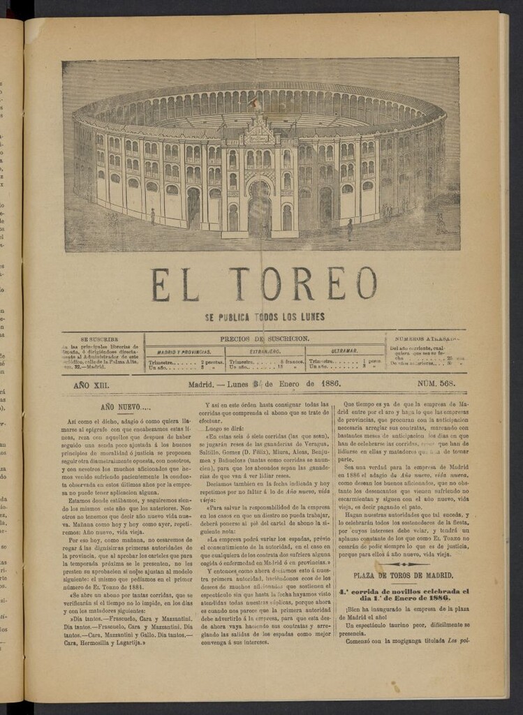 Miniatura de El Toreo: suplemento a "La Correspondencia Teatral" del 4 de enero de 1885, nº 568