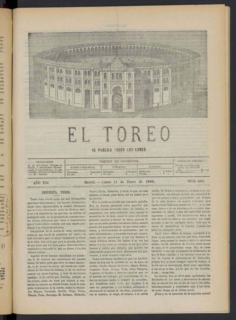 Miniatura de El Toreo: suplemento a "La Correspondencia Teatral" del 11 de enero de 1886, nº 569