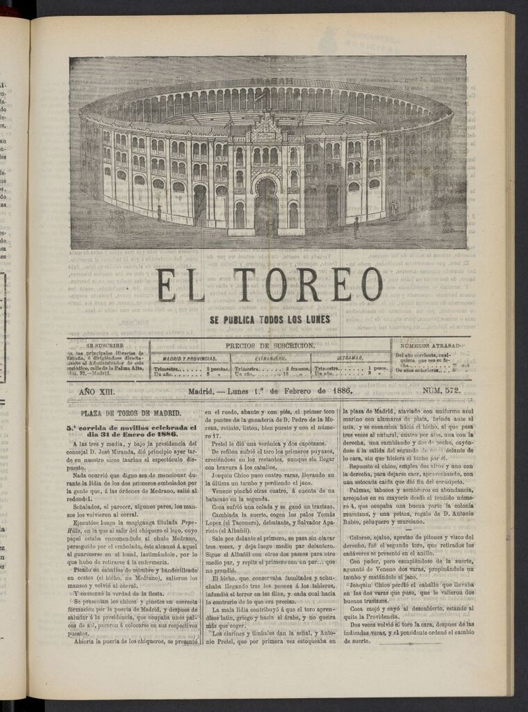 Miniatura de El Toreo: suplemento a "La Correspondencia Teatral" del 1 de febrero de 1886, nº 572