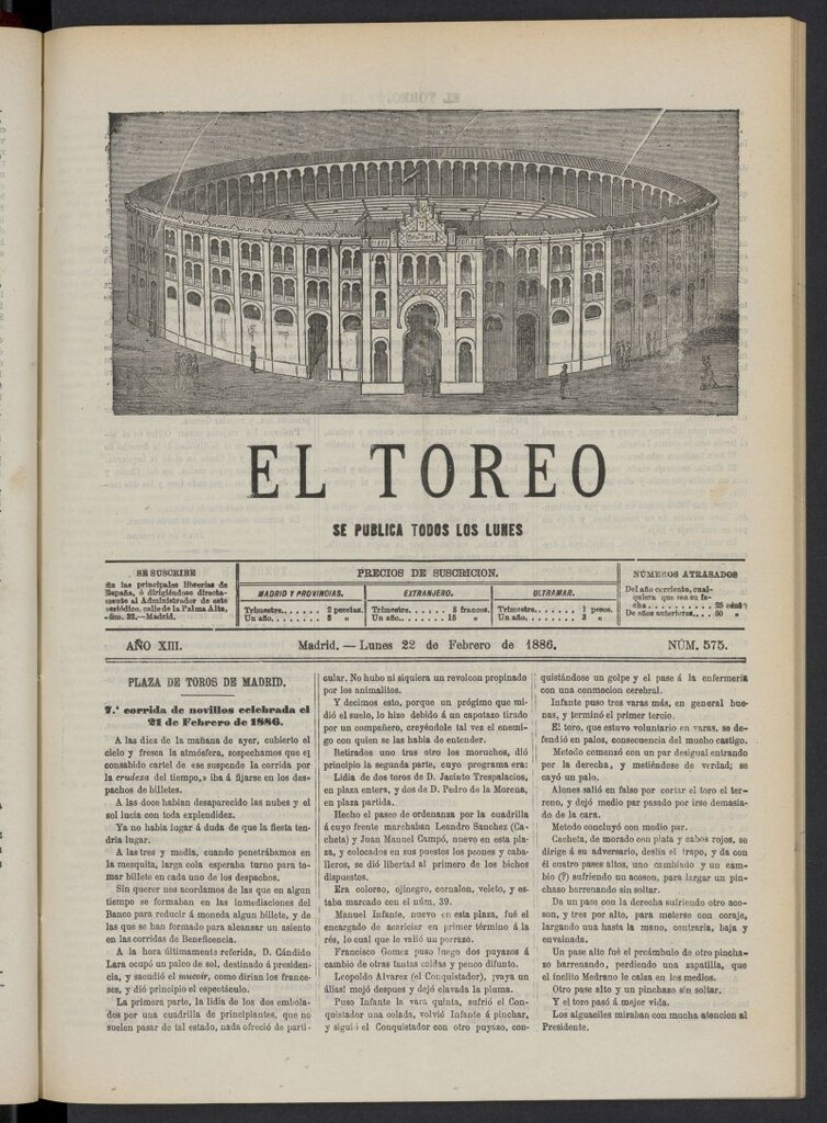Miniatura de El Toreo: suplemento a "La Correspondencia Teatral" del 22 de febrero de 1886, nº 575