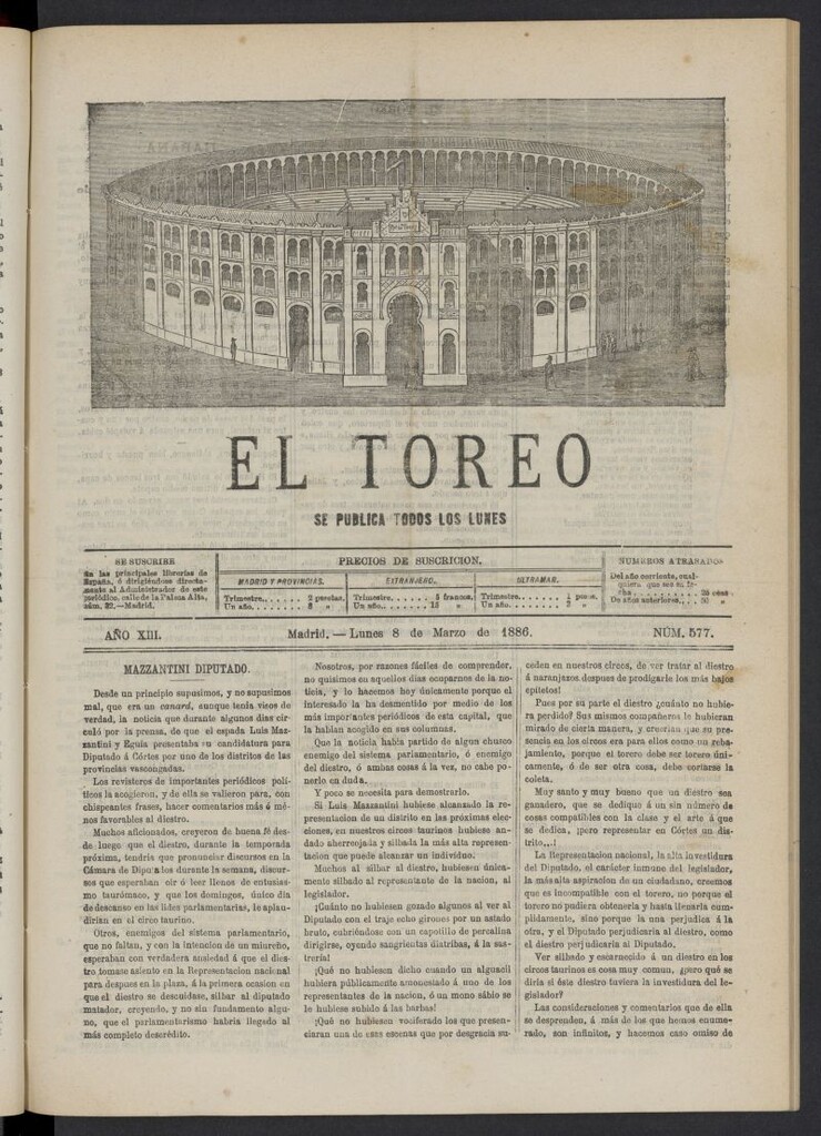 Miniatura de El Toreo: suplemento a "La Correspondencia Teatral" del 8 de marzo de 1886, nº 577