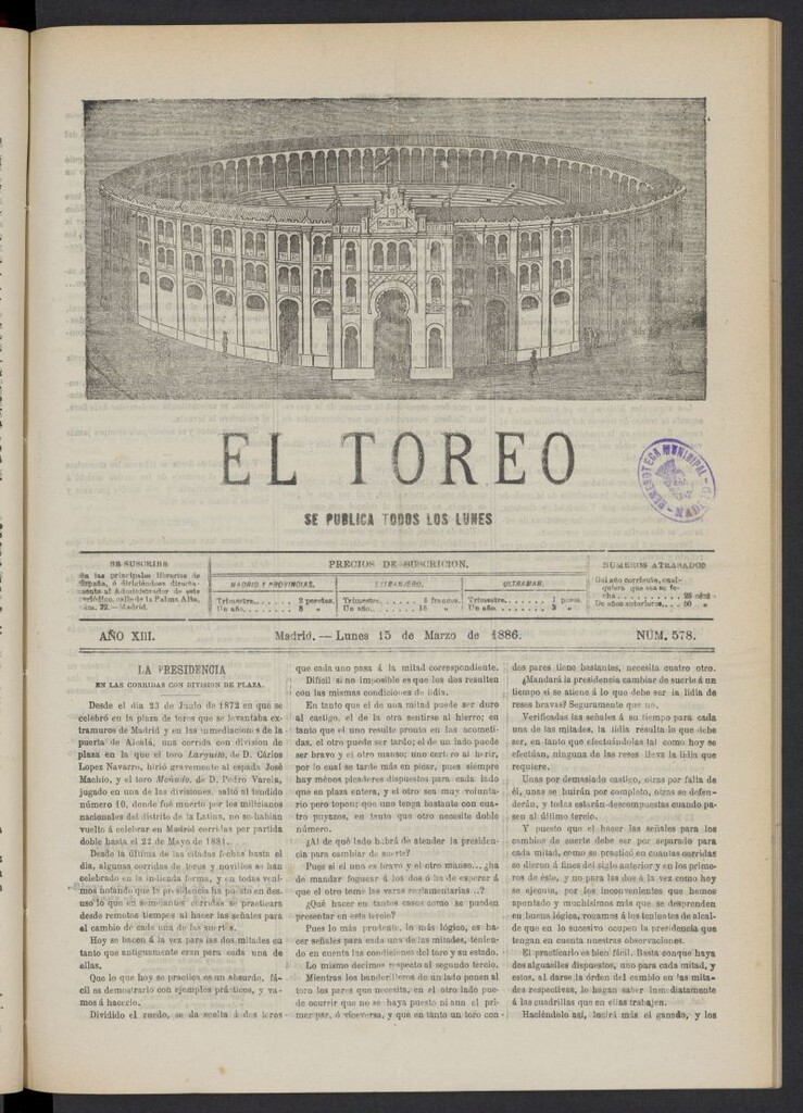 Miniatura de El Toreo: suplemento a "La Correspondencia Teatral" del 15 de marzo de 1886, nº 578