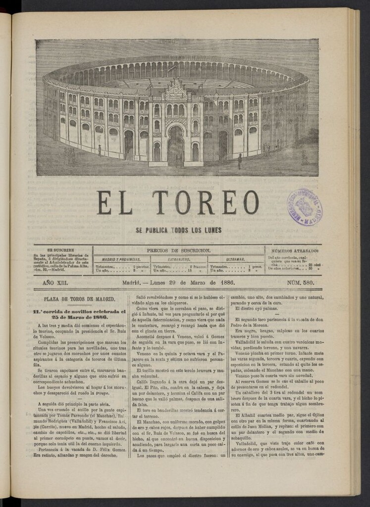 Miniatura de El Toreo: suplemento a "La Correspondencia Teatral" del 29 de marzo de 1886, nº 580