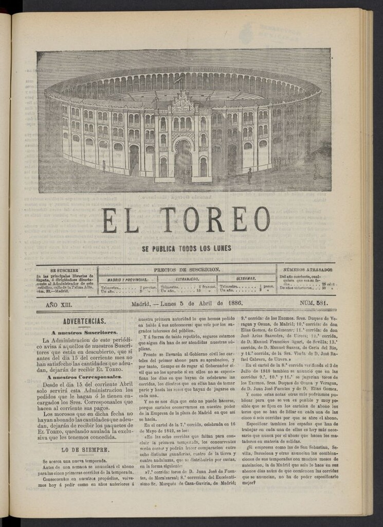 Miniatura de El Toreo: suplemento a "La Correspondencia Teatral" del 5 de abril de 1886, nº 581