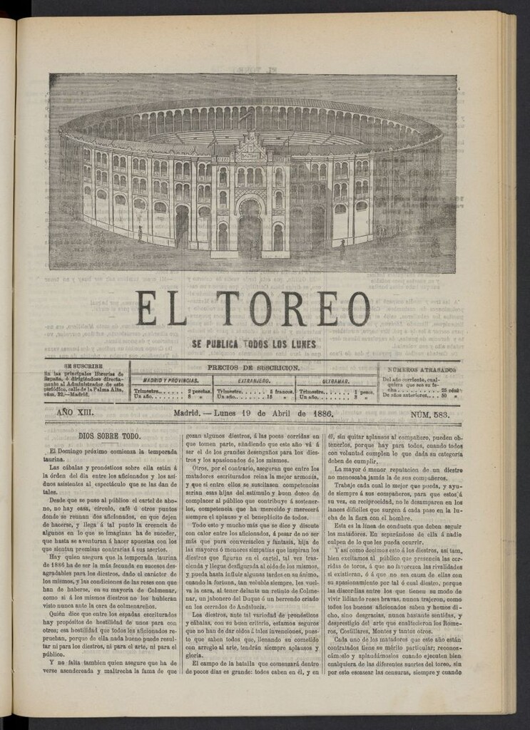 Miniatura de El Toreo: suplemento a "La Correspondencia Teatral" del 19 de abril de 1886, nº 583