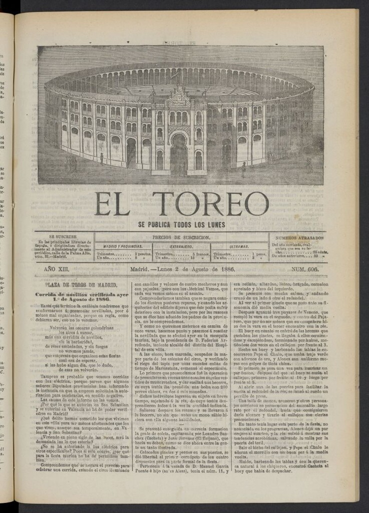 Miniatura de El Toreo: suplemento a "La Correspondencia Teatral" del 2 de agosto de 1886, nº 606