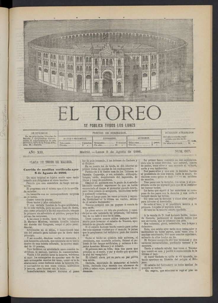 Miniatura de El Toreo: suplemento a "La Correspondencia Teatral" del 9 de agosto de 1886, nº 607