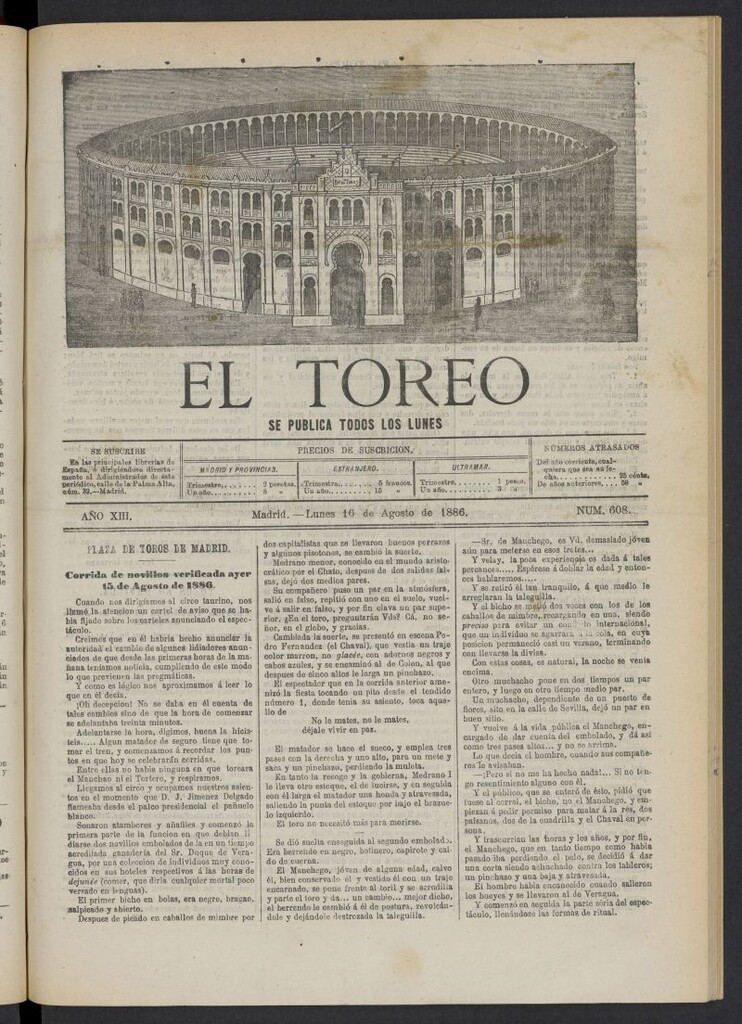 Miniatura de El Toreo: suplemento a "La Correspondencia Teatral" del 16 de agosto de 1886, nº 608